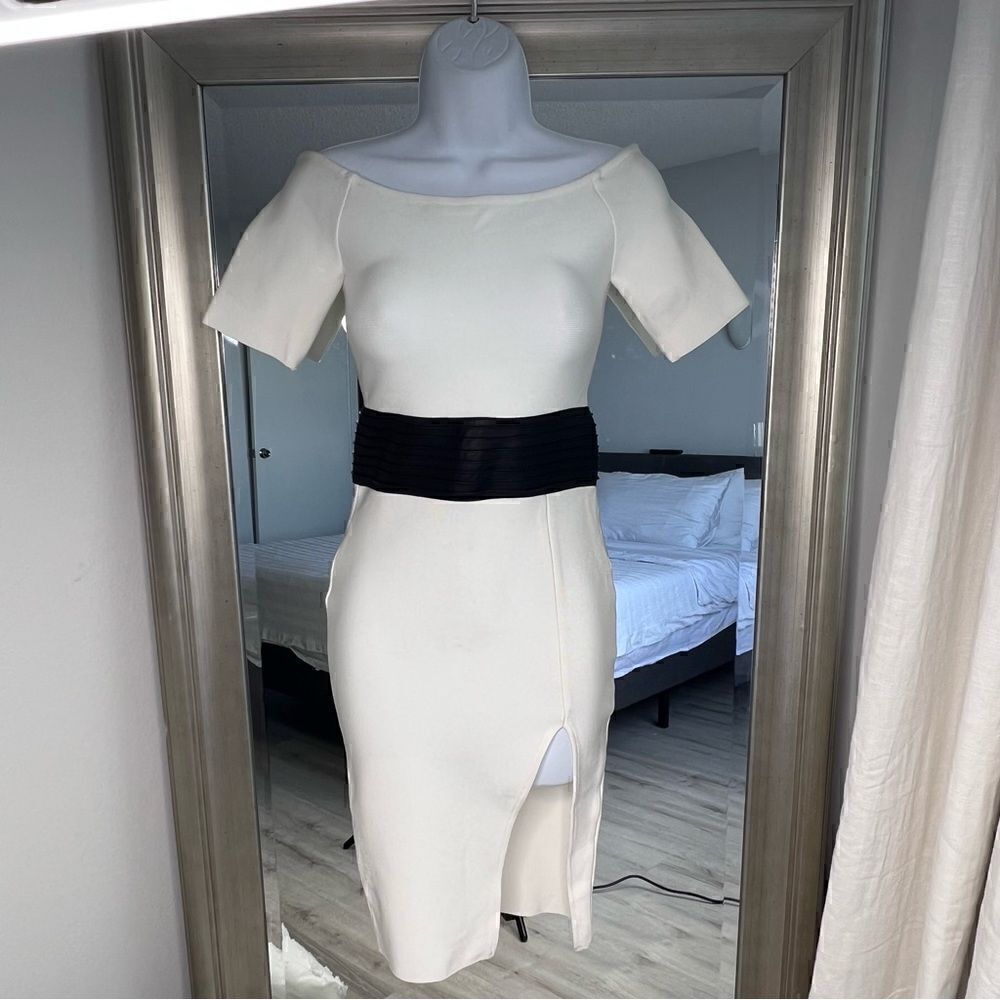 AZAI Black Faux Belted Bandage Midi Dress.    Size S